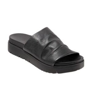 Bueno Leather Platform Slide Sandals - Black Ruched Strap - Women's 38